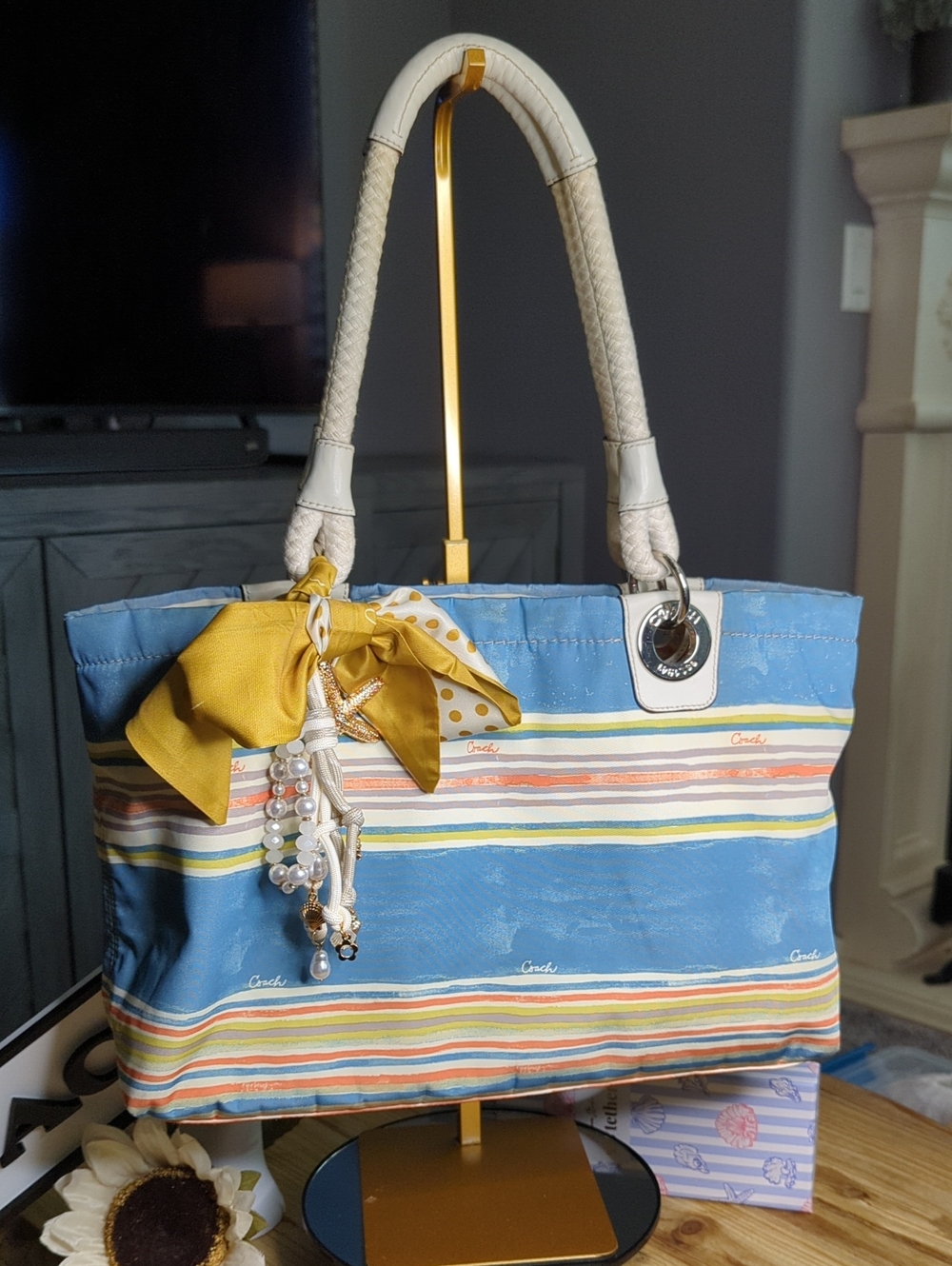 Coach Blue Striped Canvas Tote with Yellow Bow Accent